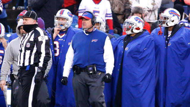 Dec 24, 2016; Orchard Park, NY, USA; Buffalo Bills head coach Rex Ryan (wearing vest) on the sideline during the second half against the Miami Dolphins at New Era Field. The Dolphins beat the Bills 34-31 in overtime.